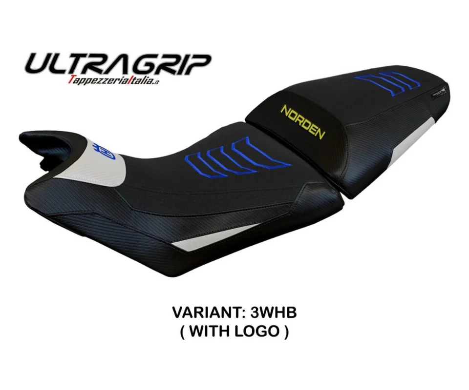 Promozione Esclusiva Rivestimento sella Norvik Ultragrip Bianco - Blu WHB + logo Tpz compatibile per HUSQVARNA NORDEN 901Modelli dal 2022 al 2026 HUNONU-3WHB-1